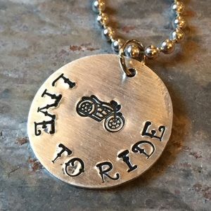 Hand Stamped Motorcycle Live to Ride Necklace Silver Aluminum 24”